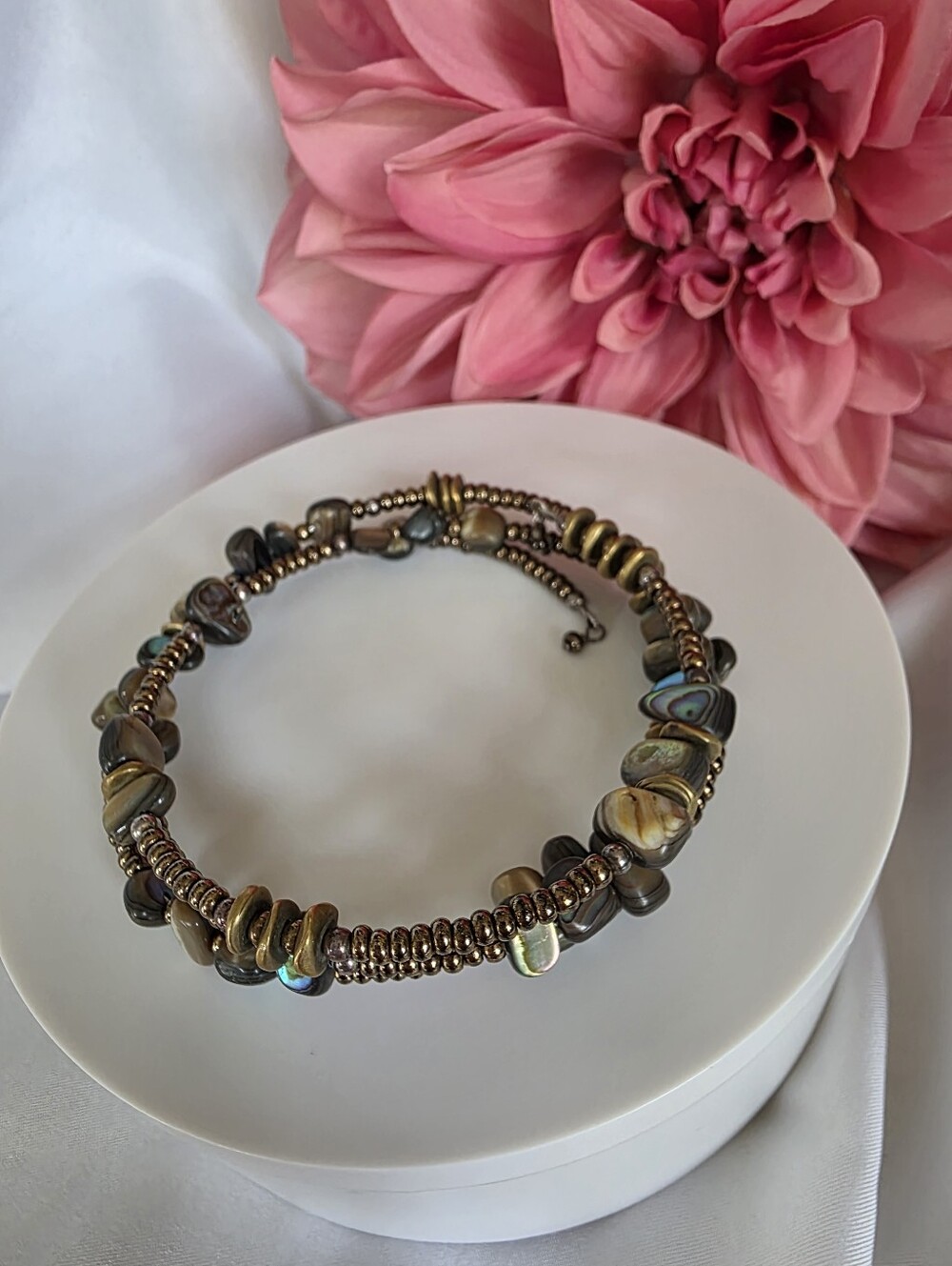 Silpada B1706 Silver Abalone, Shell Brass And Bronze Glass Bead Wrap Bracelet